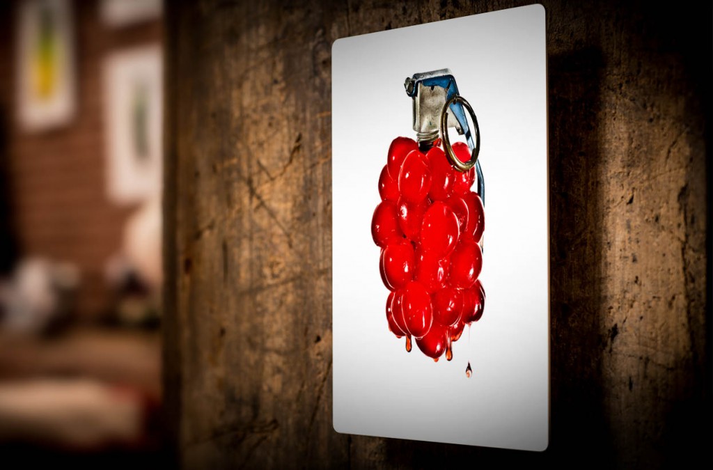 Cherry Bomb! hung on wood