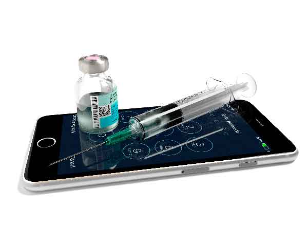 iPhone with vaccination syringe and vaccine bottle