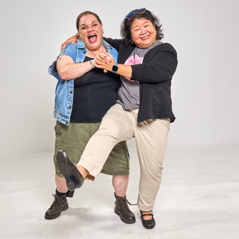 Talia Bashau Fahy and  Vivien Lui-Somers ham it up on set.
